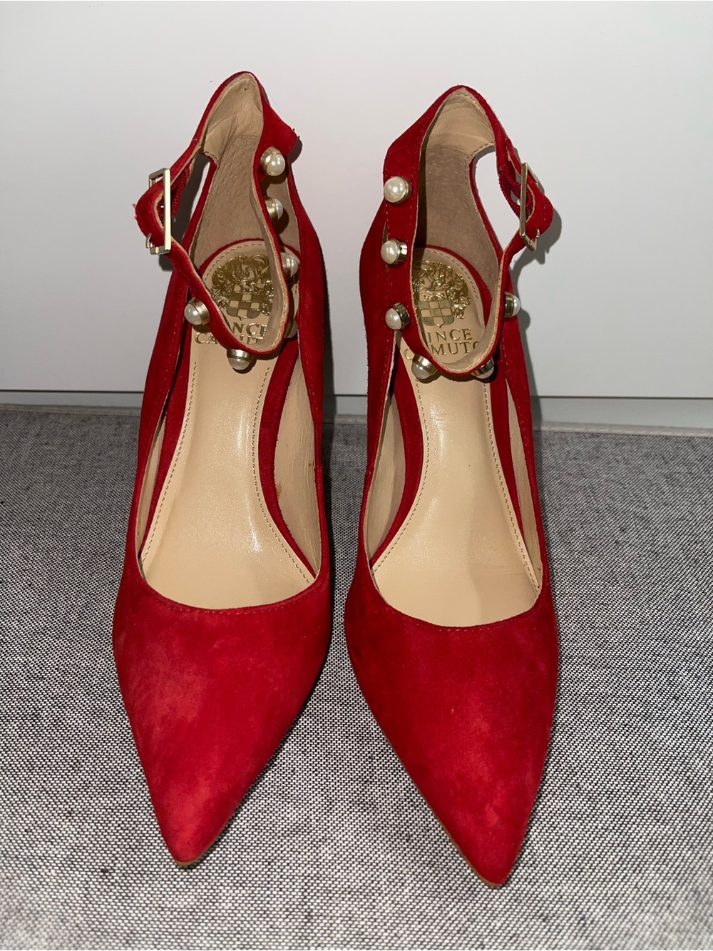 Women’s Vince Camuto Red Suede Pearl-Embellished Ankle Strap Pumps, Size 6